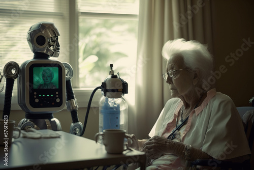 Future Elderly Care. Cyborg Robots monitoring vital signs and administering medication bedridden seniors in a nursing home or hospital. Healthcare and technological innovation concept. AI Generative photo