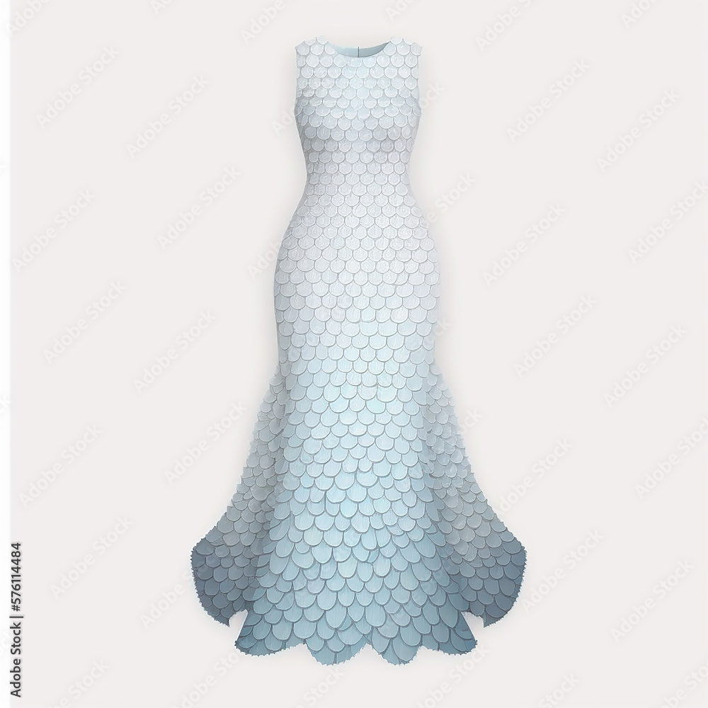 Long blue female dress covered with scales isolated on white, unusual creative original fashion design, ai generative Long blue female dress covered with scales isolated on white, unusual creative original fashion design, ai generative