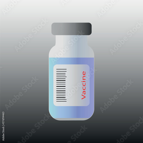 A jar with a label, barcode, and vaccine inscription on a gray background