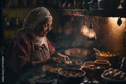Rustic moroccan kitchen | Moroccan Woman cooking : A Culinary Journey Through Morocco Authentic Flavors, Culture and Tradition - AI Generative photo