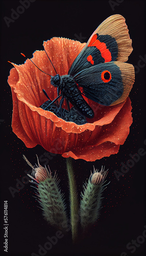 Red Poppy Flower Memorial for Fallen Soldiers - Symbol of Remembrance Day and ANZAC Day. Pointillism Etching and Aquatint Illustration. Generative AI photo