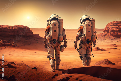 Two astronauts walking on the planet Mars © David