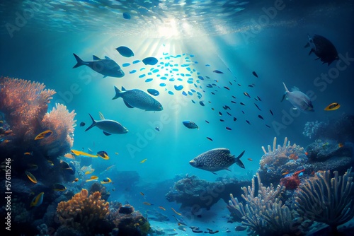 Fototapeta Naklejka Na Ścianę i Meble -  Coral Reef With Many Fish Swimming Underwater In Light Beams. Generative AI