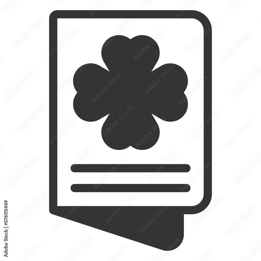 Card with clover leaf on the first page - icon, illustration on white background, glyph style Card with clover leaf on the first page - icon, illustration on white background, glyph style