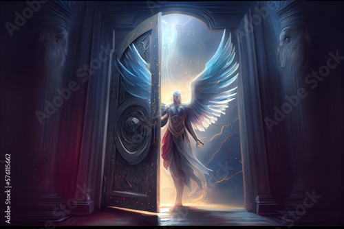 The Door To Heaven. Fantasy Illustration. God, Angels, Archangel Michael, Light. Generative AI