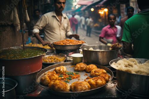 India, Bustling Mumbai Street Market Filled with Delicious and Flavorful Street Foods - AI Generative