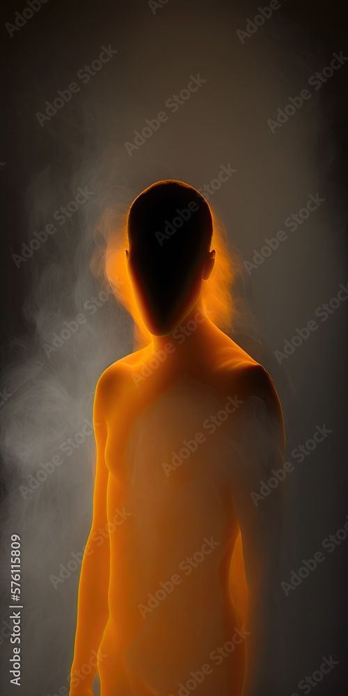 Minimalistic Blur Silhouette Portrait in Orange Color Fog Background, Human Art Concept. Generative AI.