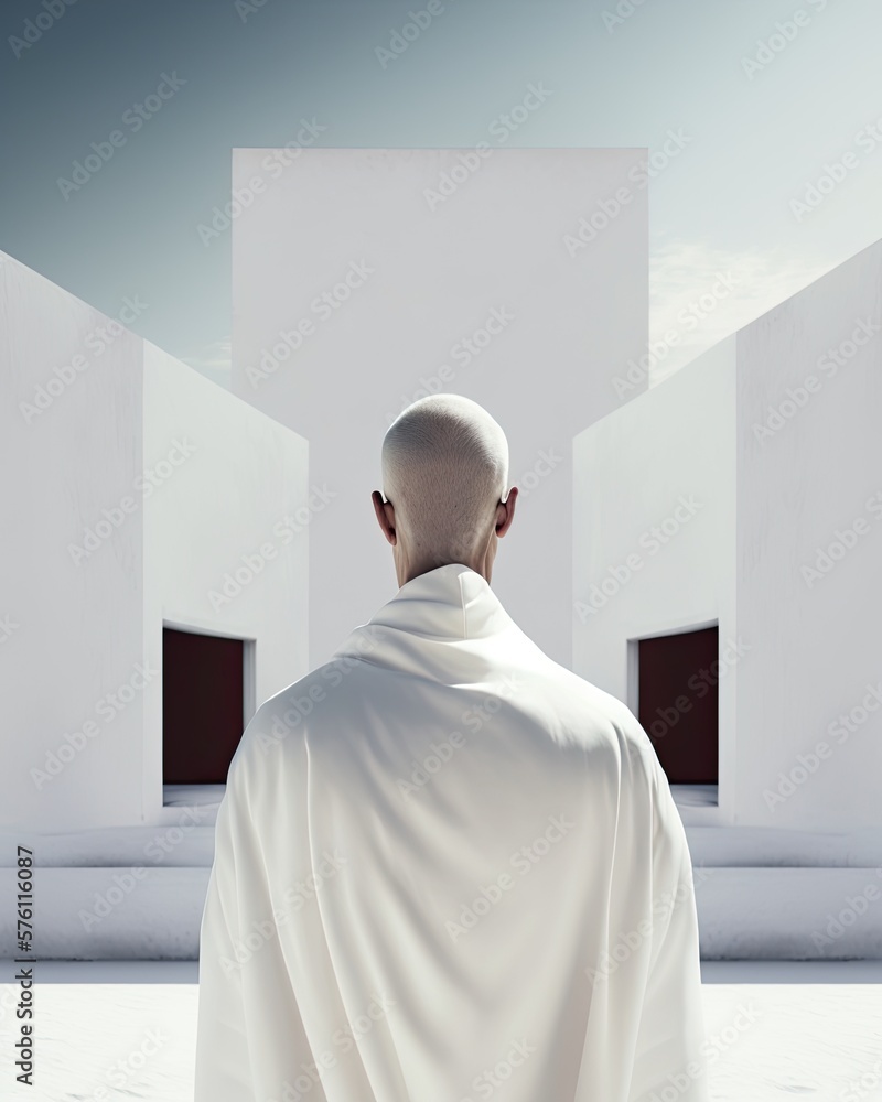 Minimalistic Robed Monk in Simple White Futuristic Temple. Generative AI.