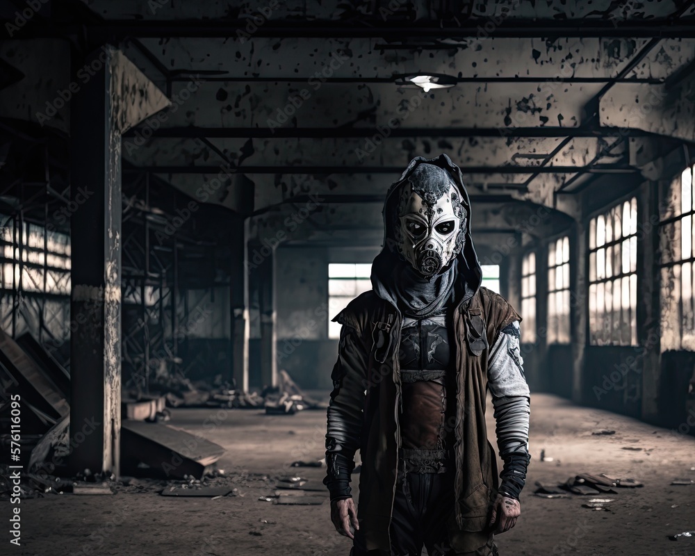 Masked Creepy Criminal in Abandoned Warehouse. Generative AI. Masked Creepy Criminal in Abandoned Warehouse. Generative AI.