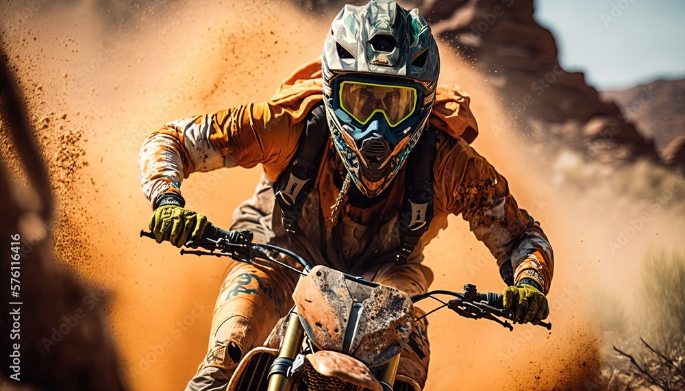 Close-up of mountain motocross race in dirt track in day time. Concept focus of during an acceleration in action sport Splashing sand by ai generative