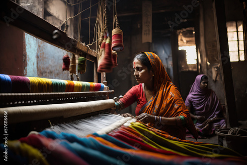 Textile industry Indian Women working on colorful textile looms AI Generative