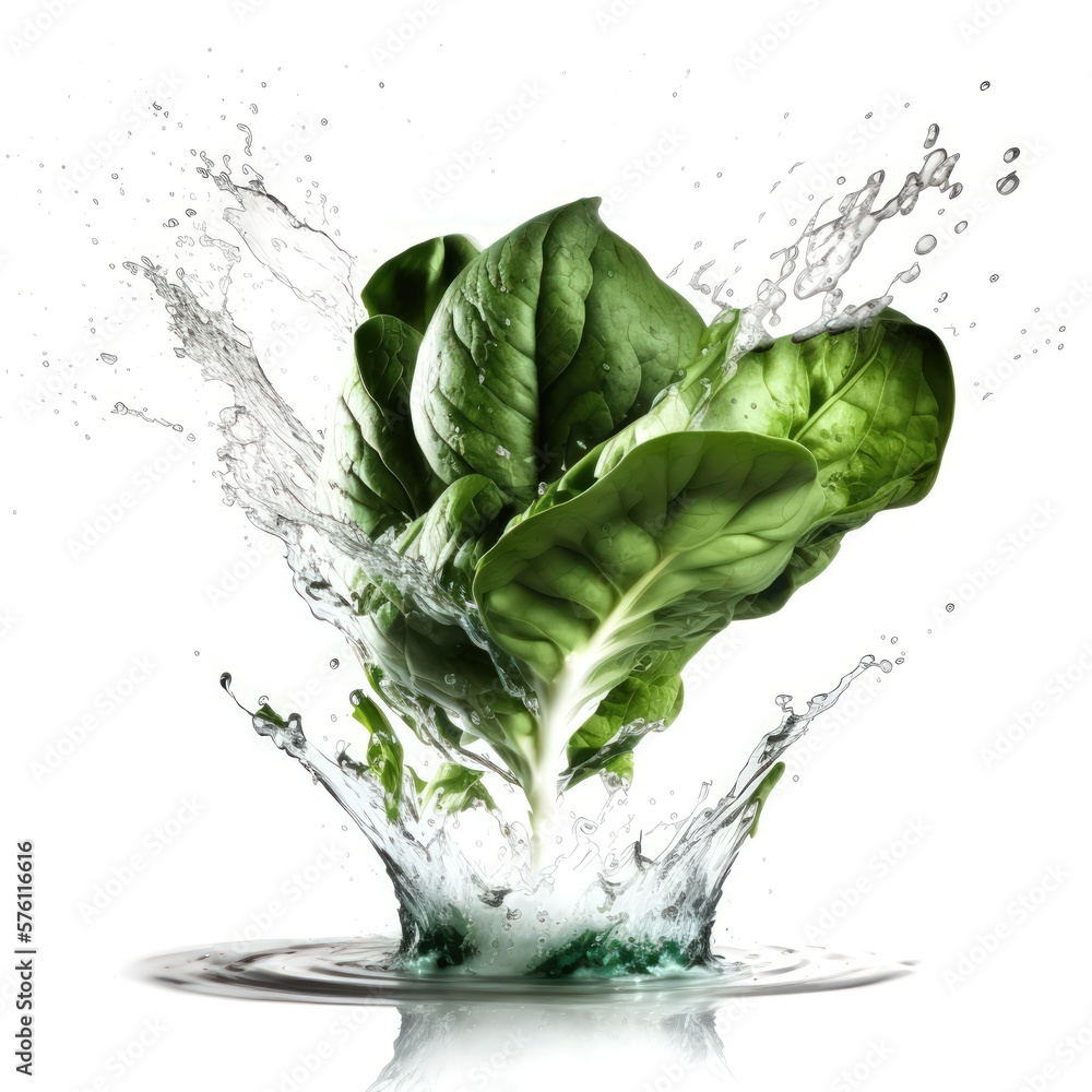 Fresh and Juicy Spinach Leaves in a water splash or Swirl , on White Background Generative AI Fresh and Juicy Spinach Leaves in a water splash or Swirl , on White Background Generative AI