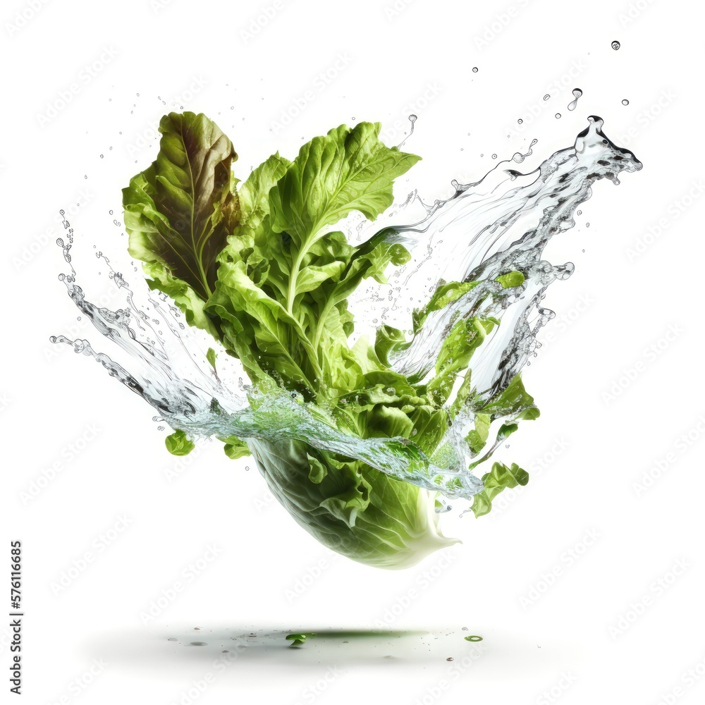 Fresh Salad Leaves in a water splash or Swirl , on White Background Generative AI Fresh Salad Leaves in a water splash or Swirl , on White Background Generative AI