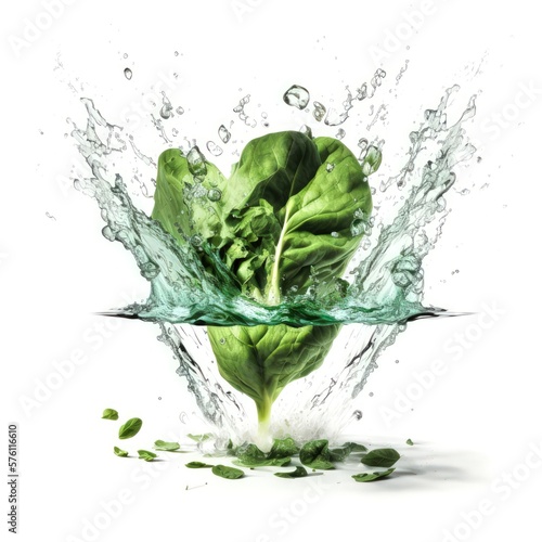 Fresh and Juicy Spinach Leaves in a water splash or Swirl , on White Background Generative AI 