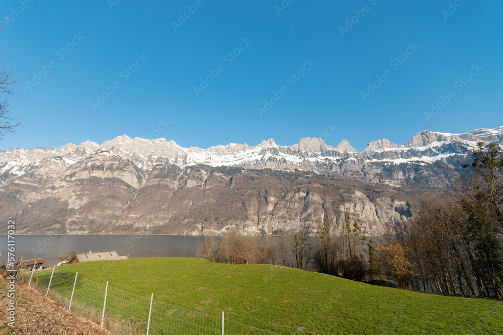 Lake of Walensee and the Alpstein mountains in Unterterzen in Switzerland