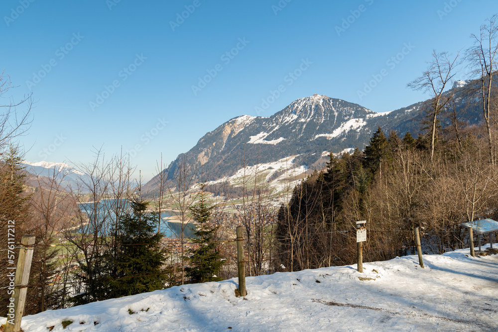 Lake of Lungerersee surrounded with a fantastic mountain panorama in Lungern in Switzerland