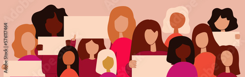 Female diverse faces of different ethnicity.  Women empowerment movement pattern. Social protest. Activists picket. International womens day graphic in vector. 