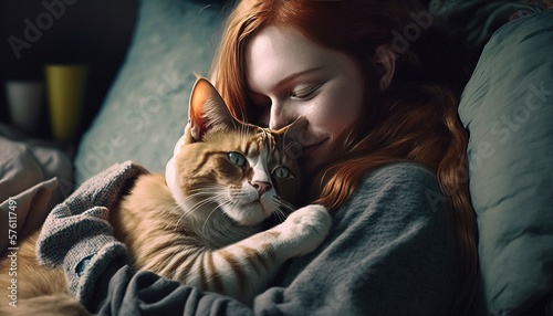 A person cuddling with their cat on a couch  with the focus on the pet and their expression of happiness. by ai generative