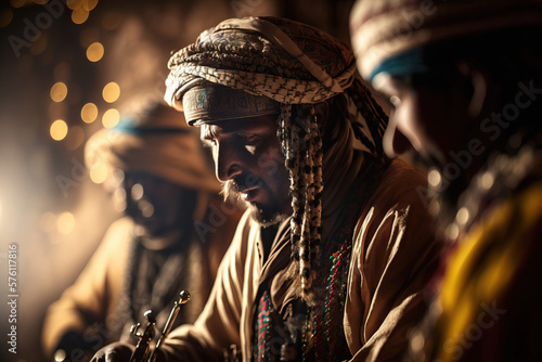 Rhythmic Berber Music. Musicians playing the guembri and krake in a traditional performance. Music concept. AI Generative photo