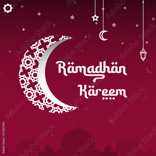 Ramadhan kareem greeting card red background with ornament lantern banner design template