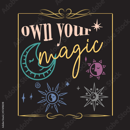 Vintage, mystic, sun, crescent moon eclipse illustration print, retro flowers, groovy, style, slogan, text. lettering, typography, Vector illustration, design, fashion, tshirt graphics, women's wear
