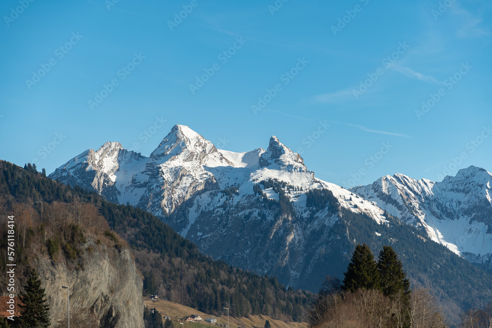 Alpine panorama at the lake Sihlsee in Switzerland