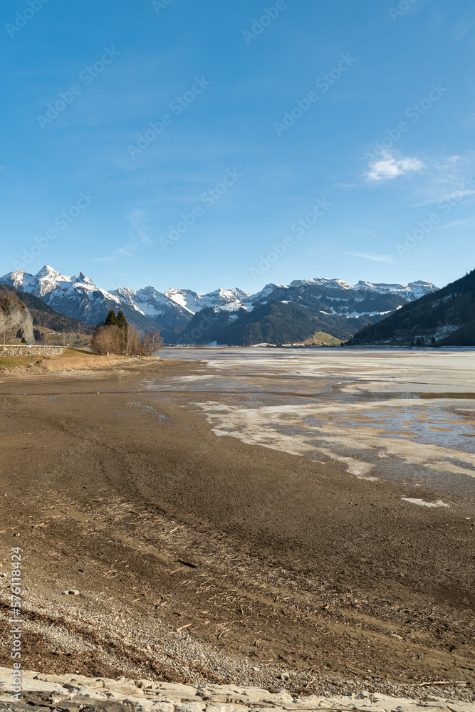 Fascinating mountain panorama at the lake Sihlsee in Switzerland