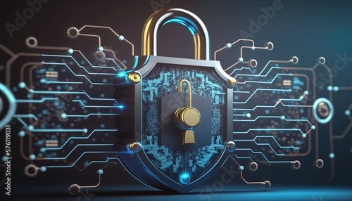 3d lock security database system illustration, Cyber data and information privacy. Future technology security, Network protection, and Modern safety digital Concept. 3D render. by AI Generative 