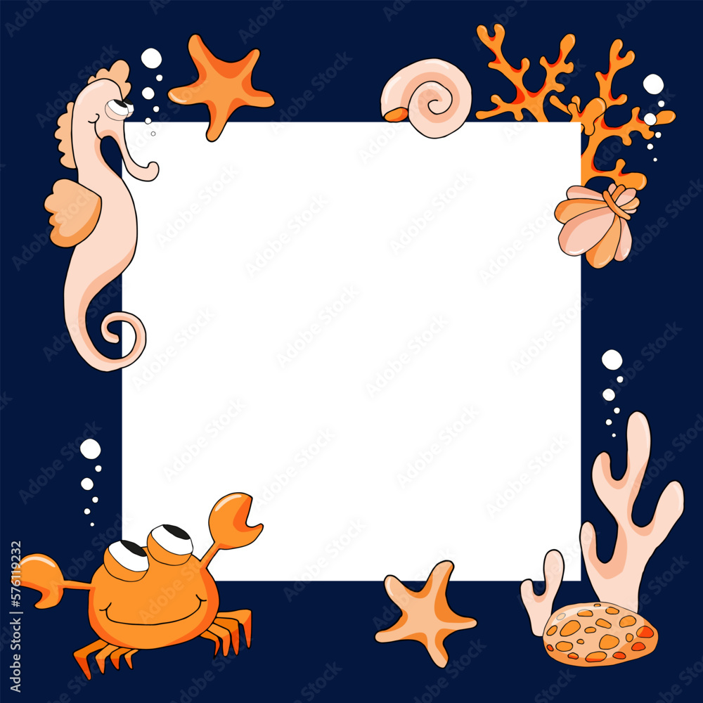 Fototapeta premium Square white frame with text box decorated with underwater animals, corals and shells on a navy blue background. Flat cartoon vector illustration for postcard, print, poster.