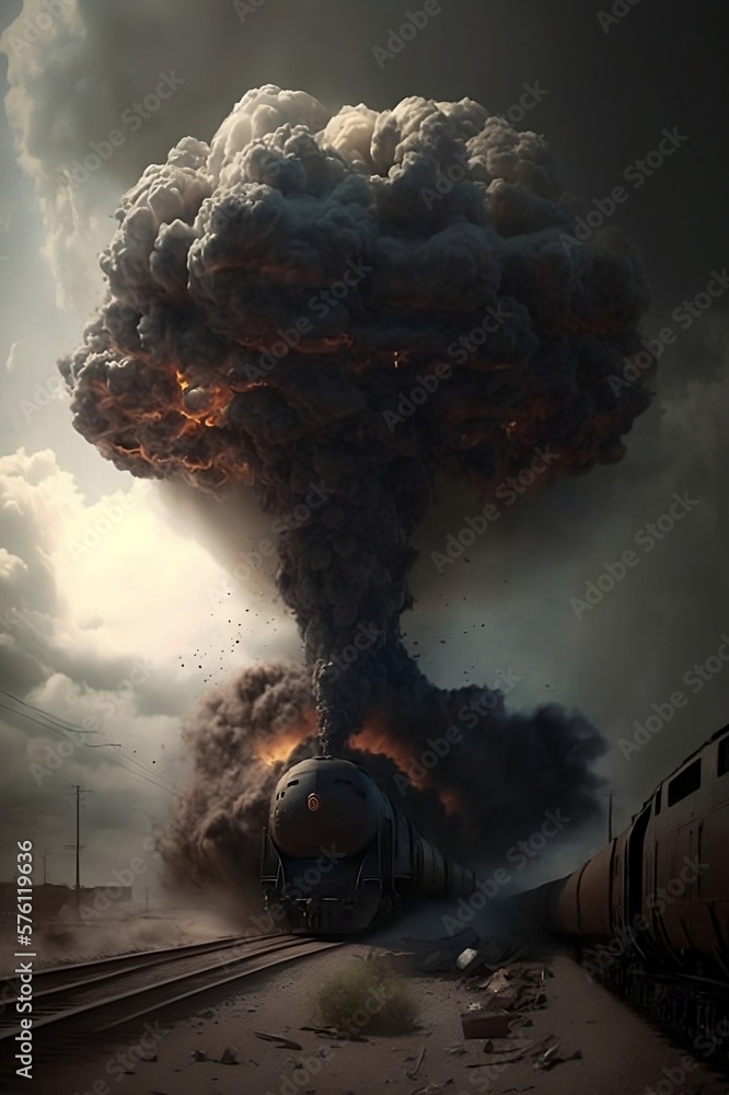 Generative AI train crash explosion with black cloud of toxic fumes and ...