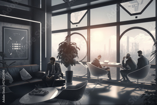 People of the future sitting in the digital office of the future, the concept of the office of the future,enhancing global business capabilities 