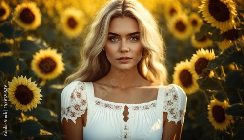 Beautiful girl wearing a white dress, standing in a field of sunflowers, under a warm afternoon sun looking at the camera. Generative AI