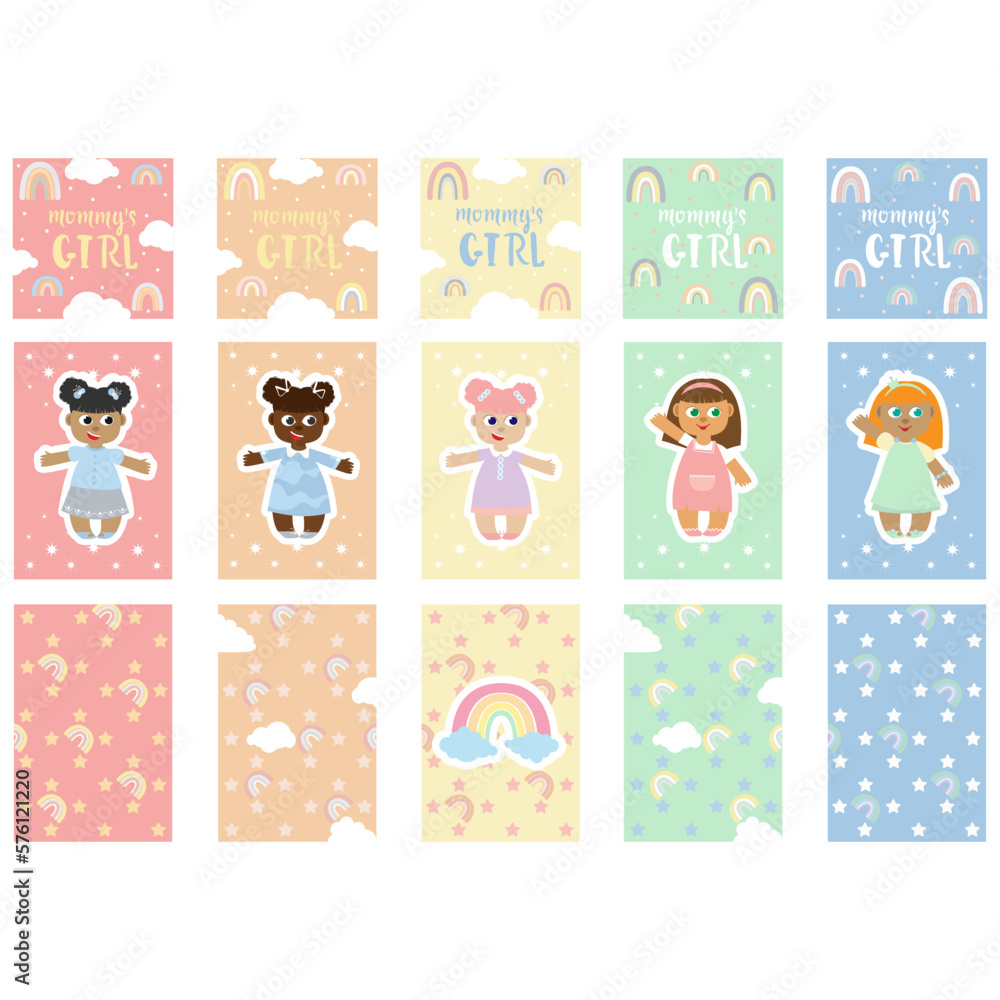 Baby pastel cards set with with rainbow, hearts, stars and clouds and Mommy's girl. Cute design,poster,postcards,template,vector illustrations. Baby pastel cards set with with rainbow, hearts, stars and clouds and Mommy's girl. Cute design,poster,postcards,template,vector illustrations.