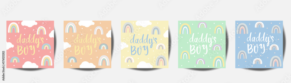 Baby pastel cards with Daddy's boy with sun and clouds. Cute design,poster,postcards,template,vector illustrations.