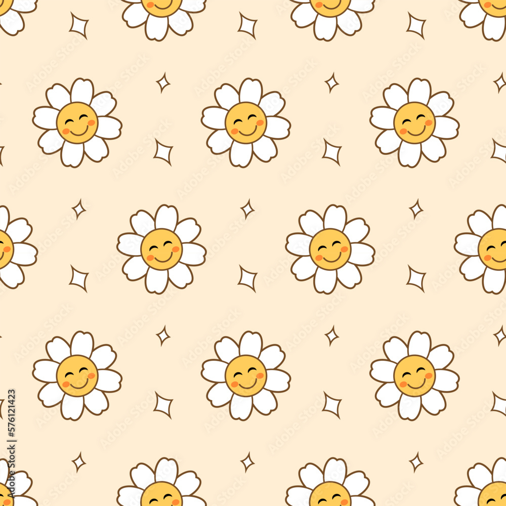 Seamless floral pattern with cute smiling chamomile flowers on pastel yellow background. Vector illustration in flat style. Design for fabric, wrapping paper, background, wallpaper, kids fashion.
Seamless floral pattern with cute smiling chamomile flowers on pastel yellow background. Vector illustration in flat style. Design for fabric, wrapping paper, background, wallpaper, kids fashion.