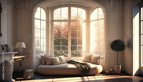 An elegant Parisian living room with a view - generative ai