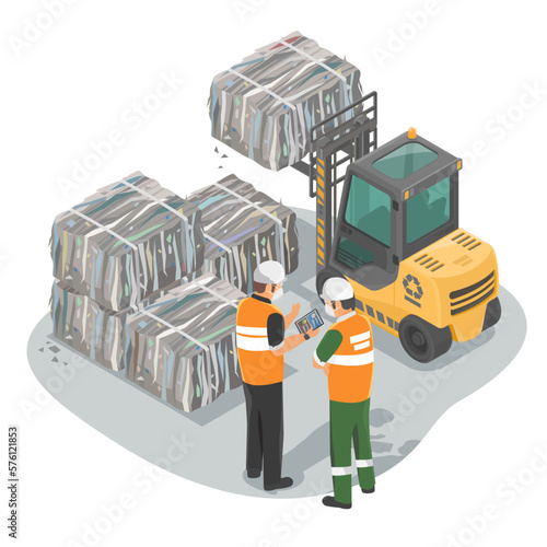 Garbage Plastic sorting and recycling management compressed garbage piles using forklift in recycle industry environmental career illustration isometric isolate vector