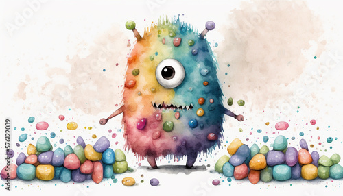 Cheerful watercolor painting of a cute candy monster with bright and playful colors. Perfect for children's illustrations and designs. Generative AI.