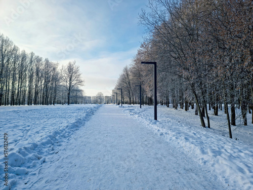 Cold winter day at sunny day - walk path in Panevezys park Lithuania