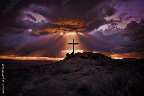 Majestic light and clouds create a dramatic backdrop for the holy cross atop Golgotha Hill, symbolizing the death and resurrection of Jesus Christ Fototapeta