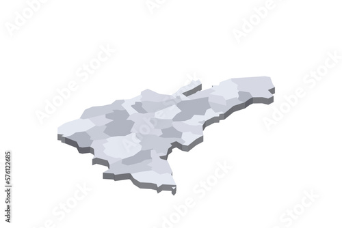 Dominican Republic political map of administrative divisions - provinces and national district. 3D isometric blank vector map in shades of grey.
