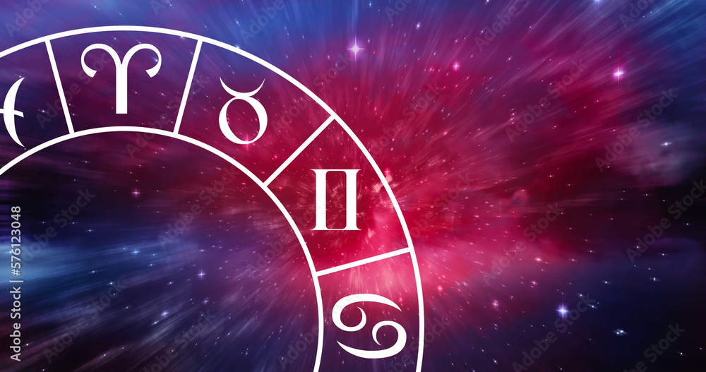 Naklejka premium Composition of zodiac star sign wheel with copy space over stars