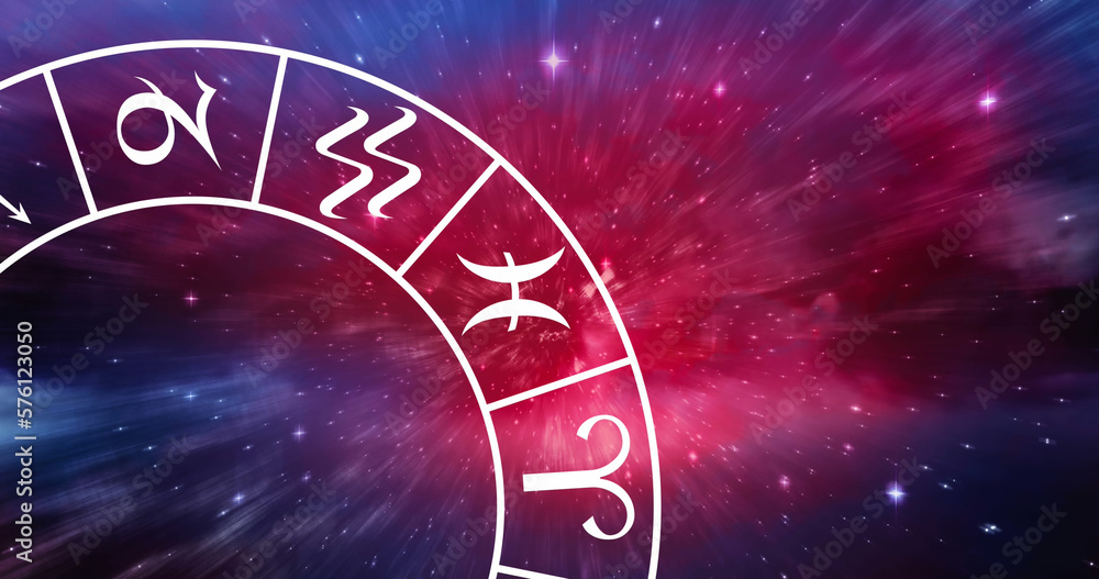Obraz premium Composition of zodiac star sign wheel with copy space over stars