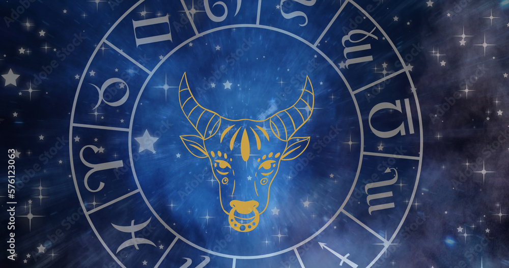 Composition of zodiac wheel with taurus star sign over stars Composition of zodiac wheel with taurus star sign over stars
