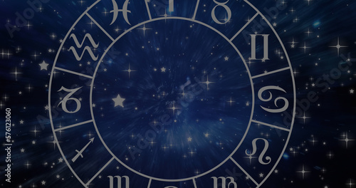 Composition of zodiac star sign wheel with copy space over stars