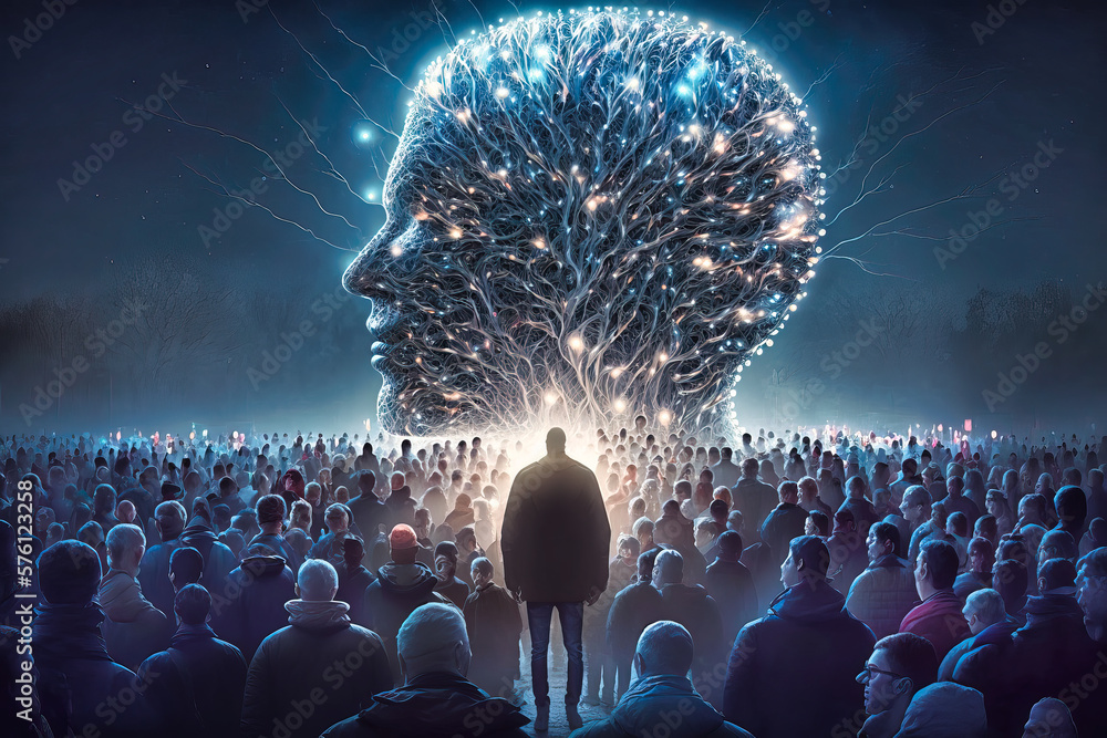 a crowd of people admire the representation of a giant artificial ...