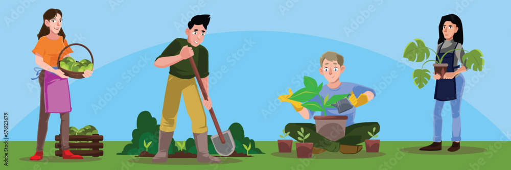 A boy and a girl, a family, plant and take care of a garden and vegetable garden in the spring, plant trees and flowers, water and weed the beds. Favorable weather for gardening and plant care.