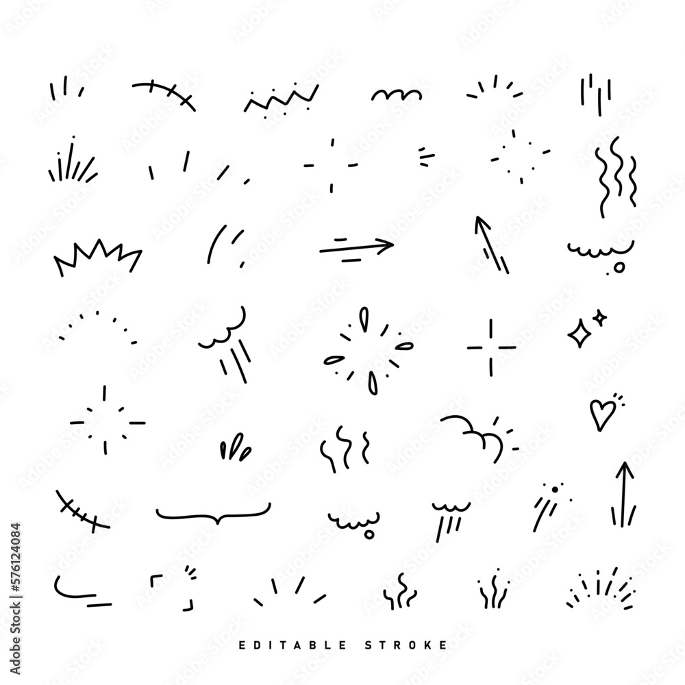 Hand drawn cute cartoony expression sign doodle line stroke. Movement drawing, curve directional arrows, emoticon effects design elements, cartoon character emotion symbols Vector set Hand drawn cute cartoony expression sign doodle line stroke. Movement drawing, curve directional arrows, emoticon effects design elements, cartoon character emotion symbols Vector set