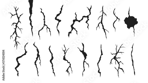 hand drawn cracked glass, wall, ground. lightning storm effect. doodle break set. vector illustration