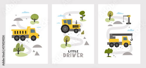 Hand drawn cute cars - Truck, tractor, cargo crane in road with text Little Driver. Vector set with cute cars for posters, fabric, textile and wallpaper design. Vector cars in scandinavian style